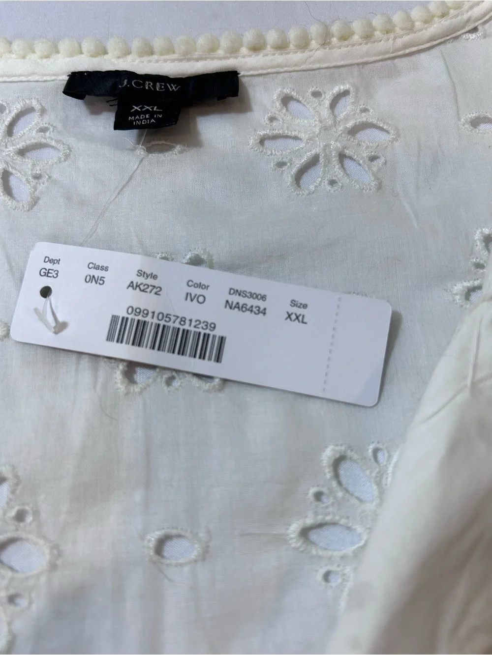 J. Crew NWT Eyelet Bib Tunic Swim Cover Up Cream Floral Pattern Cream Size XXL